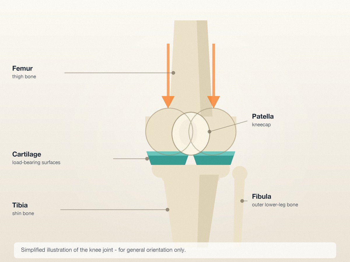 Simplified diagram of the knee joint showing femur, patella, cartilage, tibia and fibula